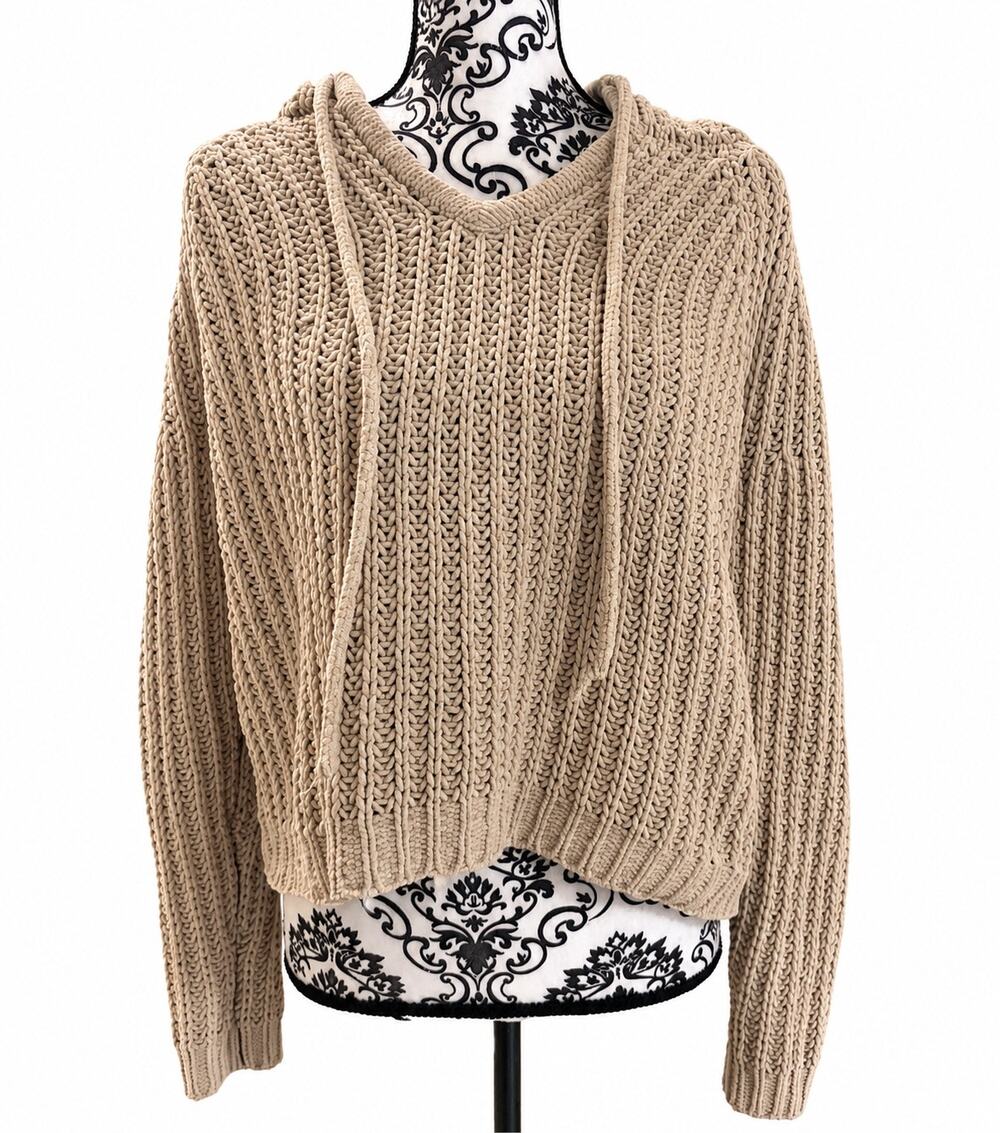 LOFT Women’s Large Beige Chenille Hooded Sweater Chunky Knit Pullover